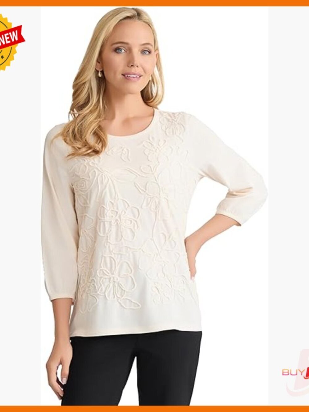 Floral Embroidered Cotton Blend Top 3/4 Sleeve Crew Neck Blouse